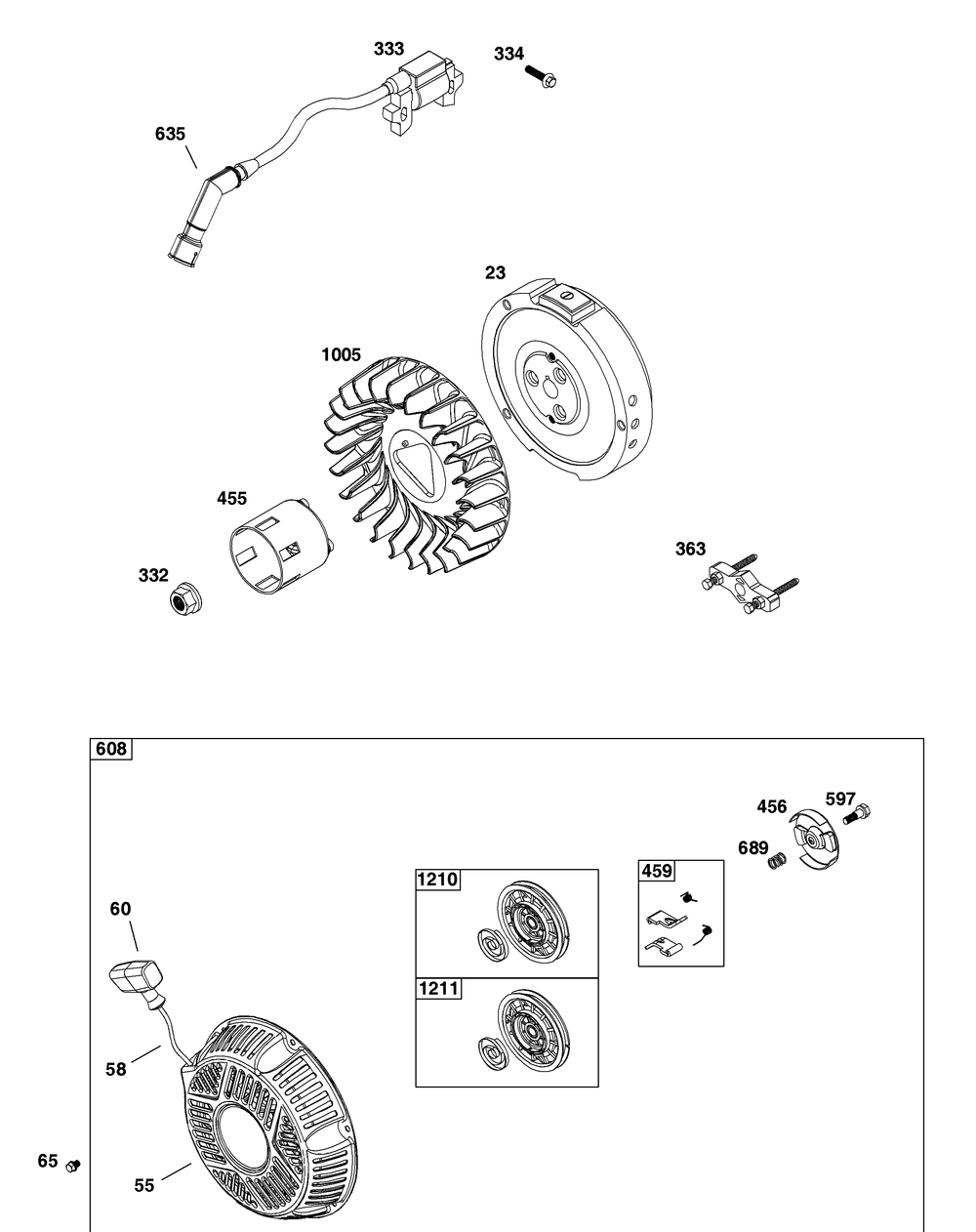 Flywheel, Ignition, And Starter Group Diagram and Parts List for 19N132-0237-H1 100000 - 19Z999 Briggs and Stratton Engine